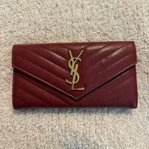 YSL Monogram Large Flap Wallet in Grained Leather - Maroon
